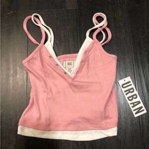 BDG Pink Ribbed Double-Strap Cami with White Trim